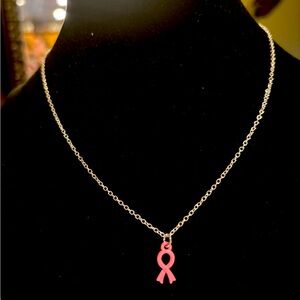Breast Cancer pink ribbon necklace. 16 inch chain.